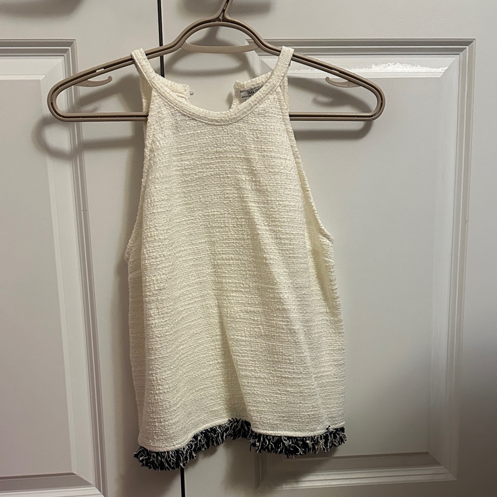 Zara White Textured Tank Top with Black Fringe